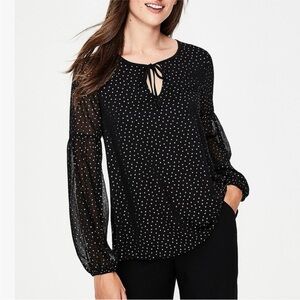 Boden Navy Foul Dot Polka Dot Blouse Sheer Sleeve Tie Neck Top Size 8